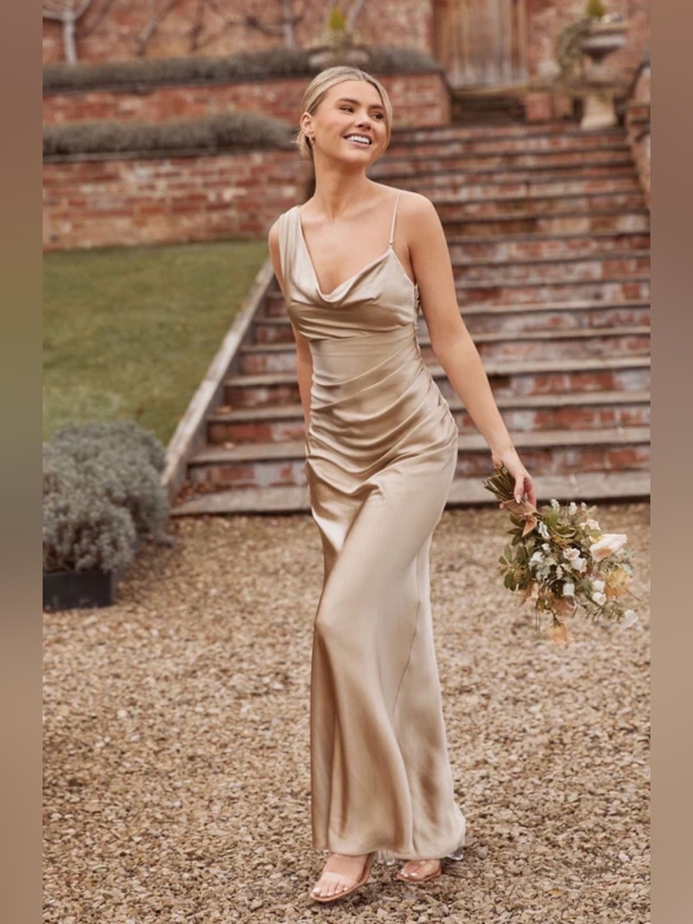 Satin Cowl Neck Maxi Dress in Champagne